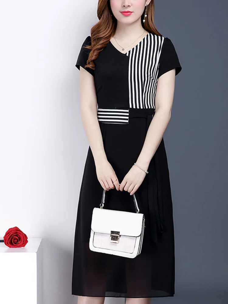 

Women's Spring Summer Chiffon Dress Women's Patchwork V-Neck Short Sleeve Lace Up Korean Elegant Dress AA3388