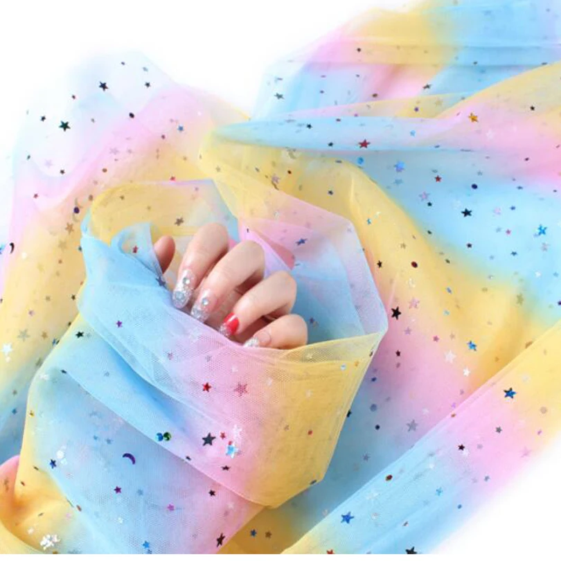 Rainbow Gradient Mesh Fabric Starry Gauze Yarn Pink Background Cloth Net Red Nail Photo Lace sequins | Дом и сад