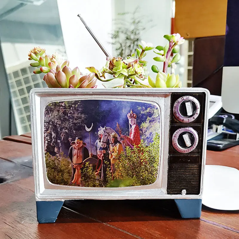 

New Retro Color Television Modeling Succulent Flower Pot Resin Crafts Simulation Green Plant Potted Plant Home Garden Decoration
