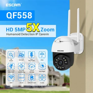 ESCAM QF558 HD 5MP PTZ WIFI IP Camera 5X Zoom AI Humanoid Night Vision H.265 Security Outdoor Waterproof Surveillance  Cameras