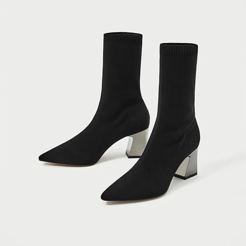 

Pointed high-heeled elastic boots, medium heeled boots, silver heel thick heeled women's boots, autumn and winter 2020 mid