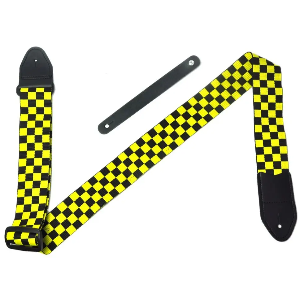 

Yellow Cotton Check Leather Head Guitar Strap 2" Wide + Leather Guitar Head Stock Strap