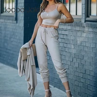 jocoo jolee women summer casual solid screw thread tank tops elastic waist long pants lace up two pieces set tracksuit