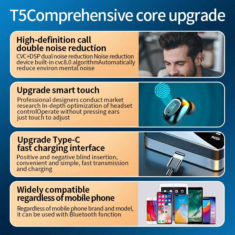 mc t5 wireless bluetooth 5 0 headphone touch control sports waterproof headset with microphone for iphone xiaomi samsung huawei free global shipping