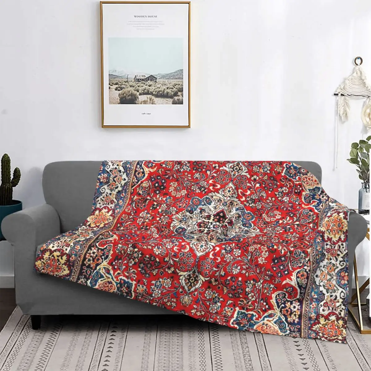 

Sarouk-Manta con estampado de alfombra persa, cubrecama a cuadros, cubiertas de cama, manta de Picnic, color rojo y azul
