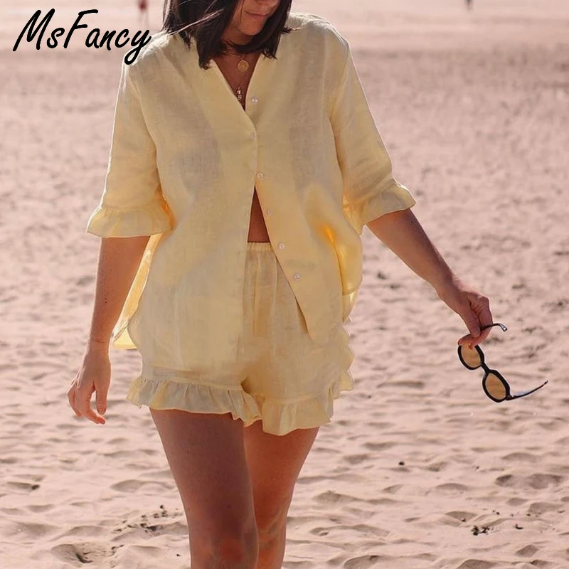 msfancy summer shorts sets women cotton 2 piece set 2021 mujer stand collar shirt half sleeve vintage pajamas suit free global shipping