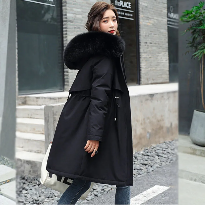 2021 new plus size plush parka coat fashion adjustable waist fur collar winter thick warm jacket women mid-length hooded parka