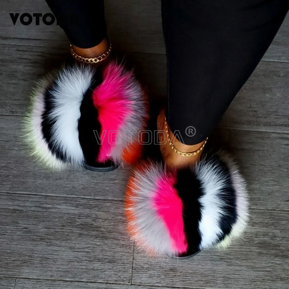 Fluffy Raccoon Fur Slippers Shoes Women Fur Flip Flop Flat Furry Fur Slides Outdoor Sandals  Fuzzy Slippers Woman Amazing Shoes