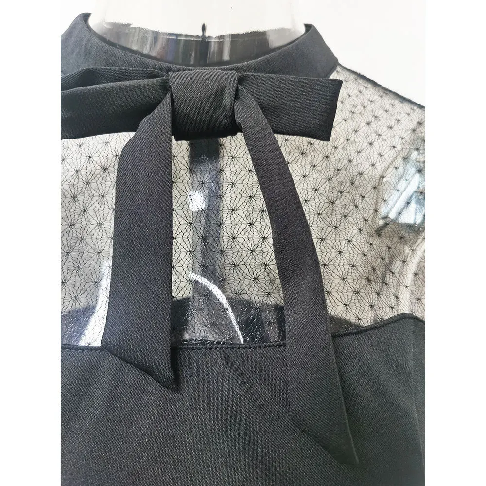 

Ladies new fashion A-line dress with Cap-sleeve Perspective bowknot night club party dress 2021 hot mesh black short mini dress