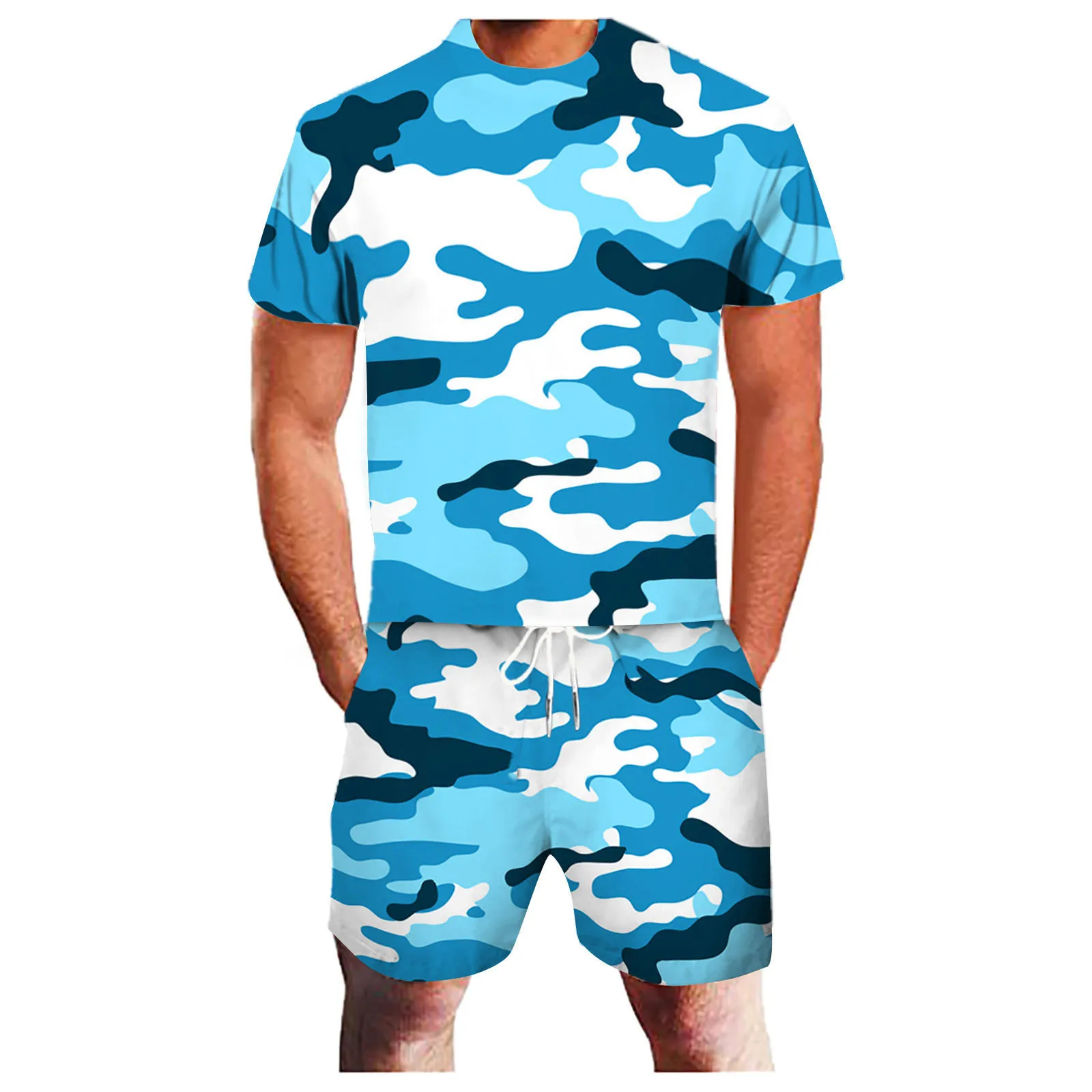 

64# 2021 Summer Beach Sports Two-piece Suit Male 3d Camouflage Print T Shirt Shorts Set Men Fitness Running Suit Ropa Hombre