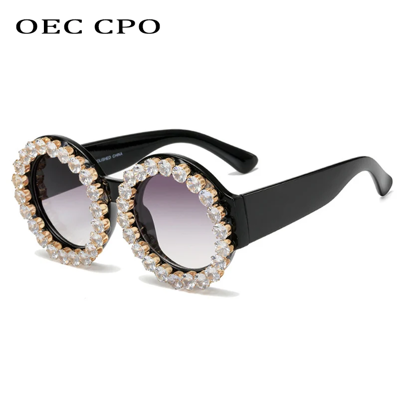 

OEC CPO Fashion Round Gold Diamond Sunglasses Women Vintage Plastic Frame Sun Glasses Female Gradient Lens Gray UV400 Eyeglasses