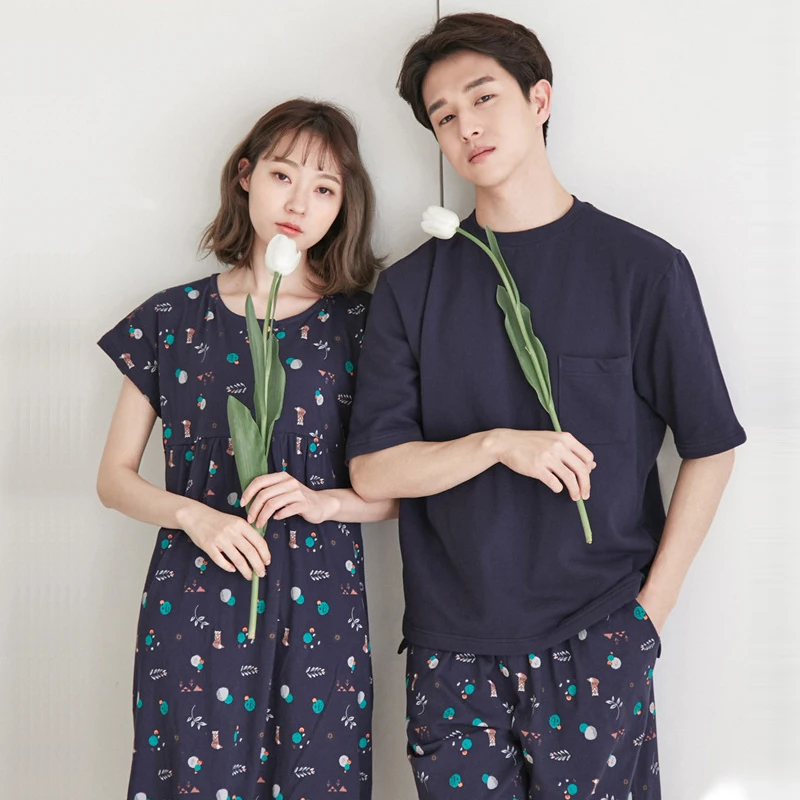 2019 Пижамный костюм для влюбленных хлопковая одежда сна с короткими рукавами и