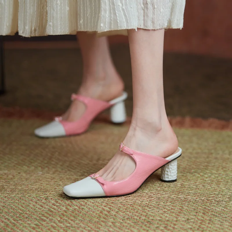 

Full Genuine Leather Square Toe Sexy High Heels Dress Party Office Shoes Summer Women Sandals Sweet Yellow Pink Casual Shoes 39