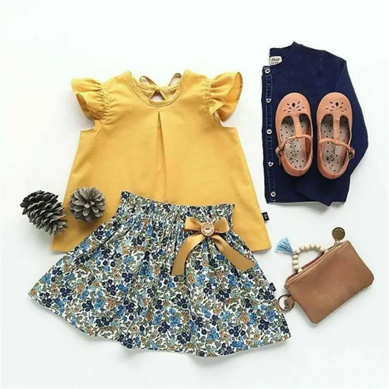 

Toddler Baby Girls Summer Outfit Chiffon Tops T-shirt Floral Skirts Clothes Set