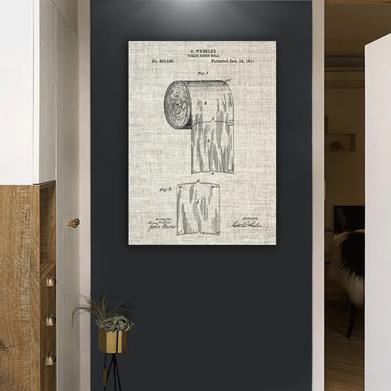 

Toilet Paper Patent Vinatge Poster Bathroom Wall Art Prints , Roll of Toilet Paper Blueprint Canvas Painting Wc Sign Home Decor