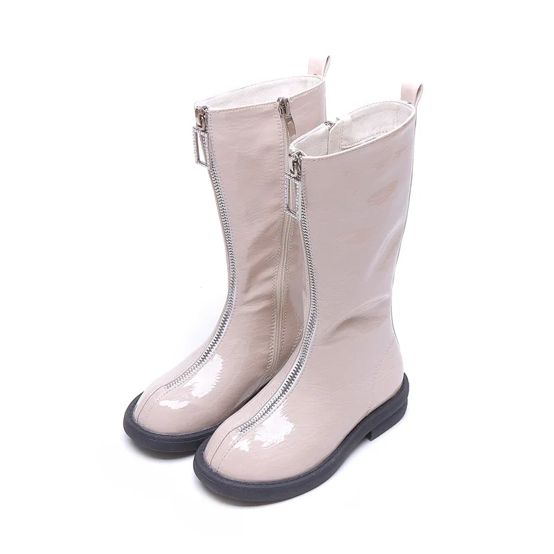

COZULMA Autumn Kids Girls Classic Patent Leather Mid-Calf Boots High Shoes Children Girls Sipper Fashion Boots Size 26-37