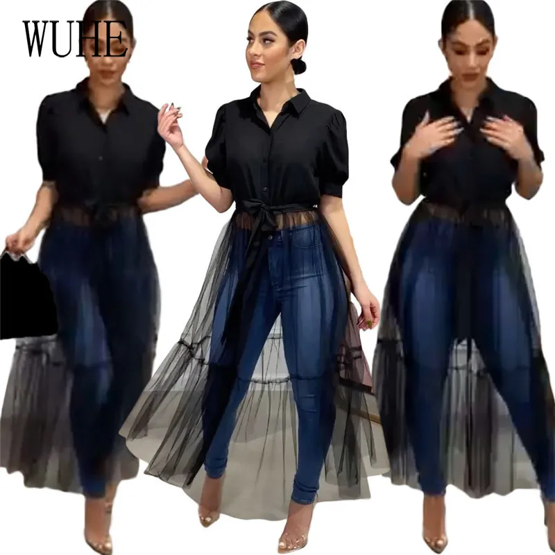 

KEXU лоскутное Сетчатое платье-рубашка прозрачные с коротким рукавом отложным воротником на шнуровке однобортное Элегантное повседневное о...