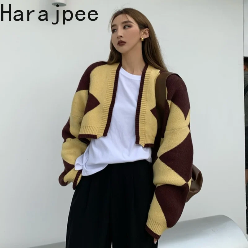 

Harajpee Early Autumn Sweater Women Loose 2021 New Korean Version Sweet Temperament Lattice Short Long Sleeved Cardigan Coat