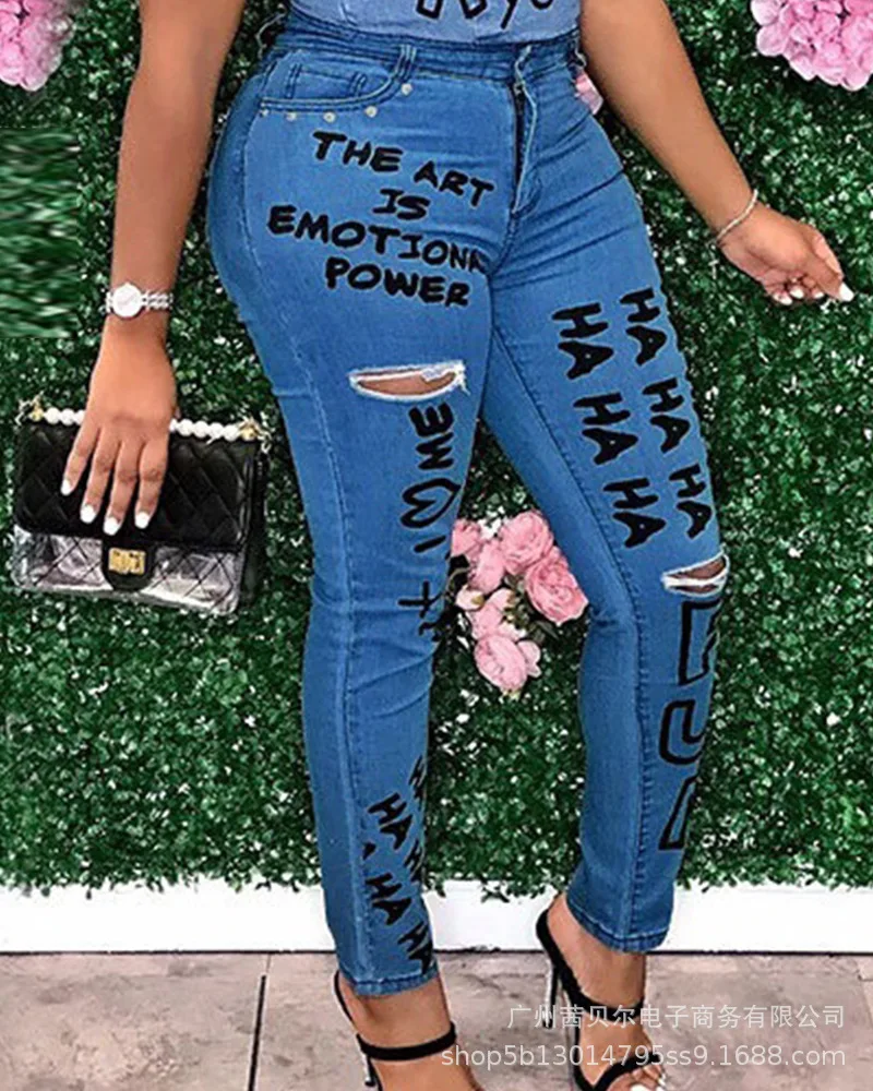 

WEPBEL Women Vintage Ripped Letter Print Denim Pants Ladies Summer Blue High Waist Hole Skinny Pencil Pants Trousers