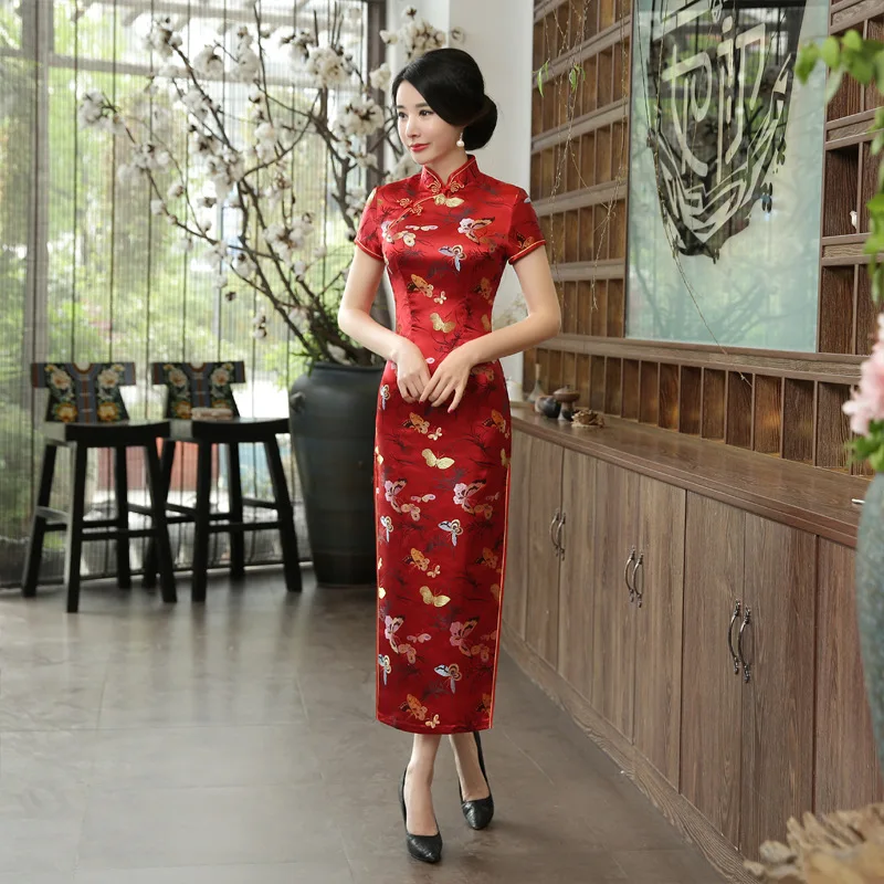 Традиционные китайские длинные Cheongsam платье тонкие цветочные бабочки вечерние