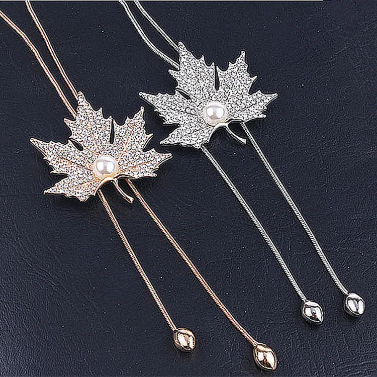 Креативная геометрическая длинная свитерная цепочка с изображением кленового листа, великолепное изящное колье с имитацией жемчуга и полудрагоценными камнями.