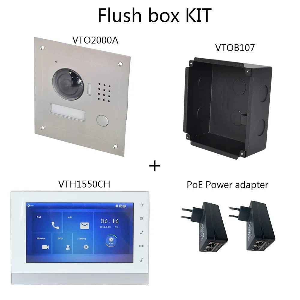 Flush box KIT white DH логотип многоязычный видеодомофон комплект включает VTO2000A поверхностный ящик или флеш-бокс, VTH1550CH, адаптер питания PoE - Цвет: Flush box KIT white