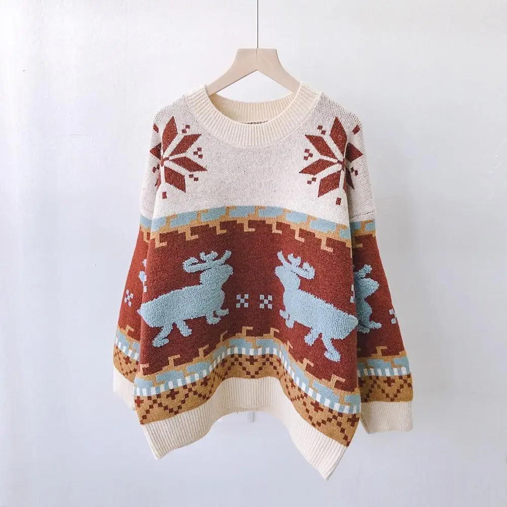 

H.SA Women Sweater and Pullovers Loose Style Deer Knitwear Oversized Thick Jumpers Retro Vintage Korean Sweater Jumpers