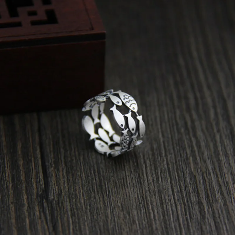 Три ряда полые плавающие рыбки кольцо животное гарантированное 925 пробы