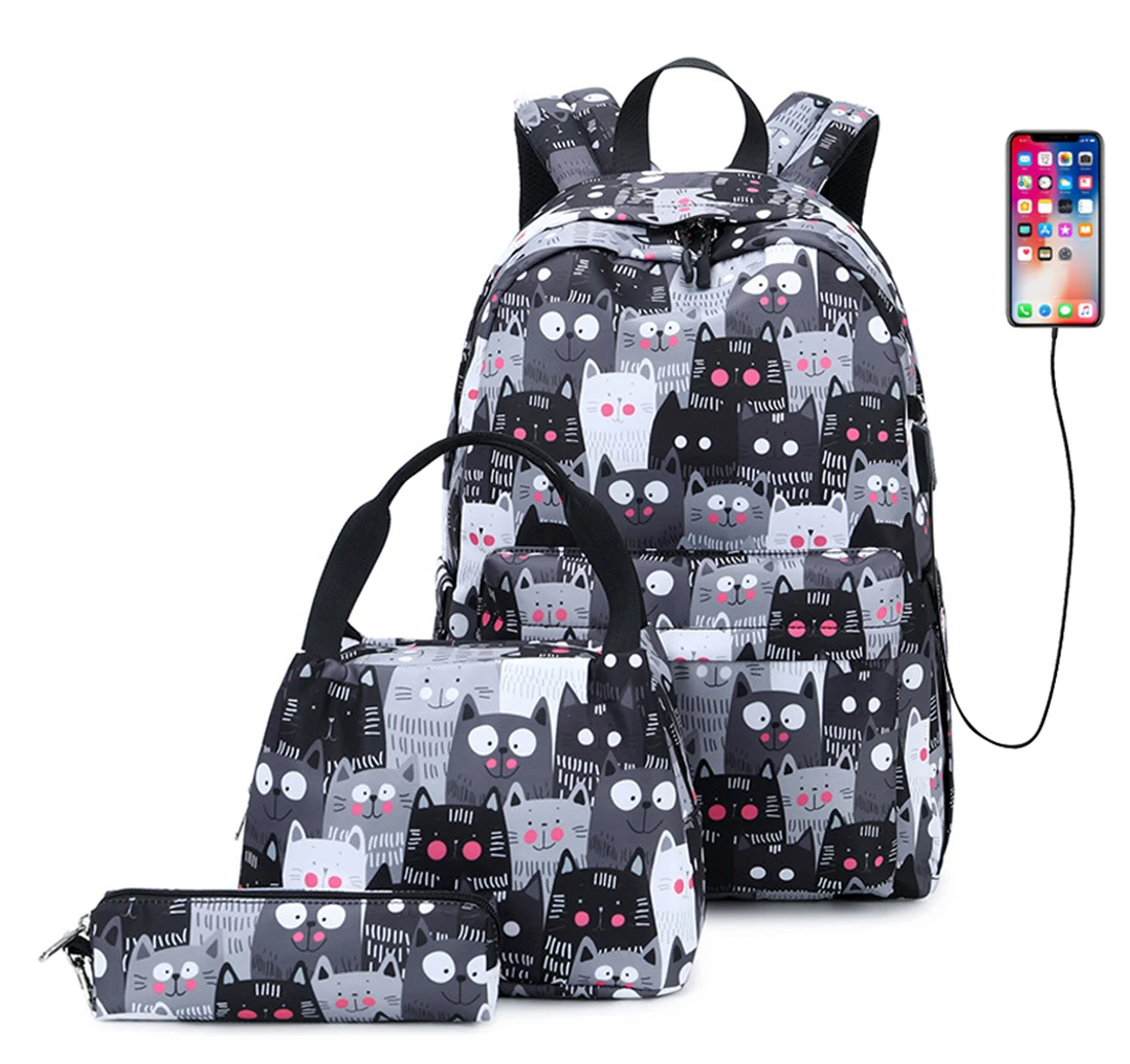 Рюкзак для девочек-подростков детский школьный комплект с принтом милого кота