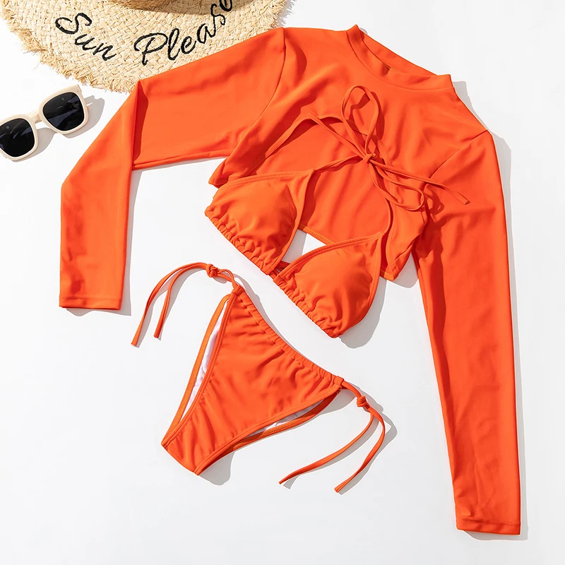 

Solid Swimsuit Women Three-Piece Split Sexy Orange Long Sleeve Bandage Low Waist Beachwear Bathing Suit Monokini Bikini