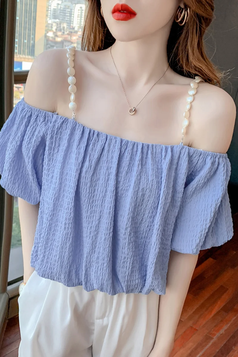 

COIGARSAM Chiffon blouse women New Summer Spaghetti Strap blusas womens tops and blouses Sky Blue White 032