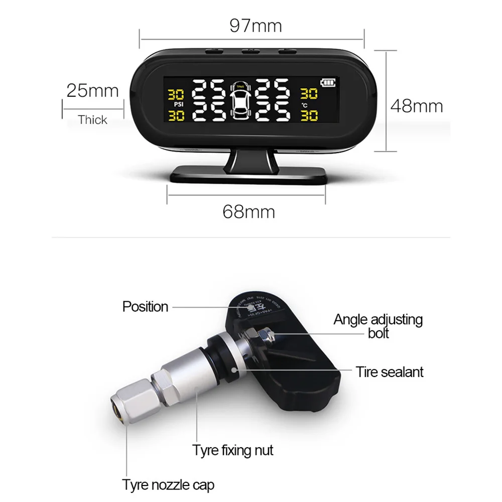 

TPMS Sensor Auto Tire Pressure Sensor With 4 External Sensors Solar Tire Pressure Monitoring TPMS System
