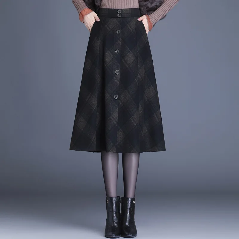

Винтажная элегантная Клетчатая Шерстяная Юбка А-силуэта, Осень-зима, женские свободные повседневные юбки средней длины на пуговицах с высо...