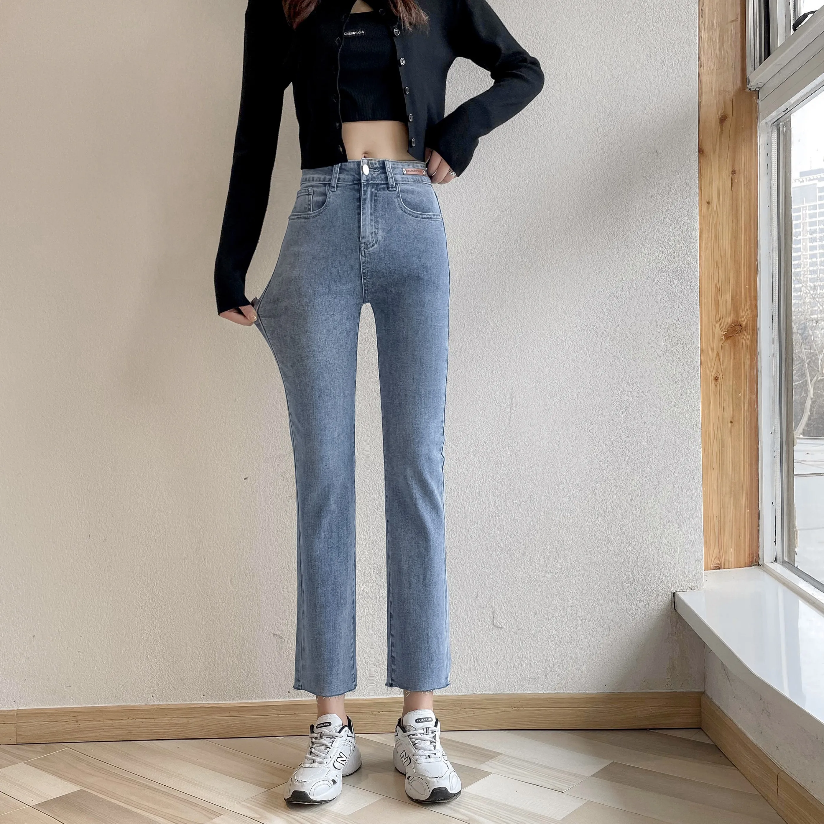 

Women's High Waist Straight Vintage Jeans New Skinny Slim Fashion Washed Trousers Female Denim Pencil Pants Elastic Ninth Pants