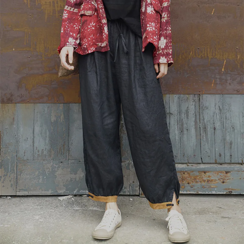 SCUWLINEN Vintage Trousers Women 2021 Casual All-match Solid Elastic Waist Plate Button Slim Ankle-length Linen Harem Pant P342