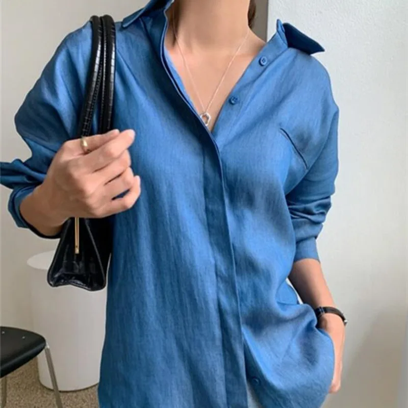 

OL All Match Women Blouses New Autumn Spring Minimalist Basic Denim Blue Shirt Femme Full Sleeve Office Lady Loose Shirts