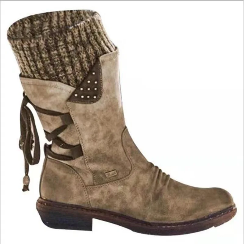 

2021 New Ladies Martin Boots Winter Lace-up Snow Boots Lace-up Women's Shoes 43 Size Knitted Retro Ankle Boots Botas De Mujer