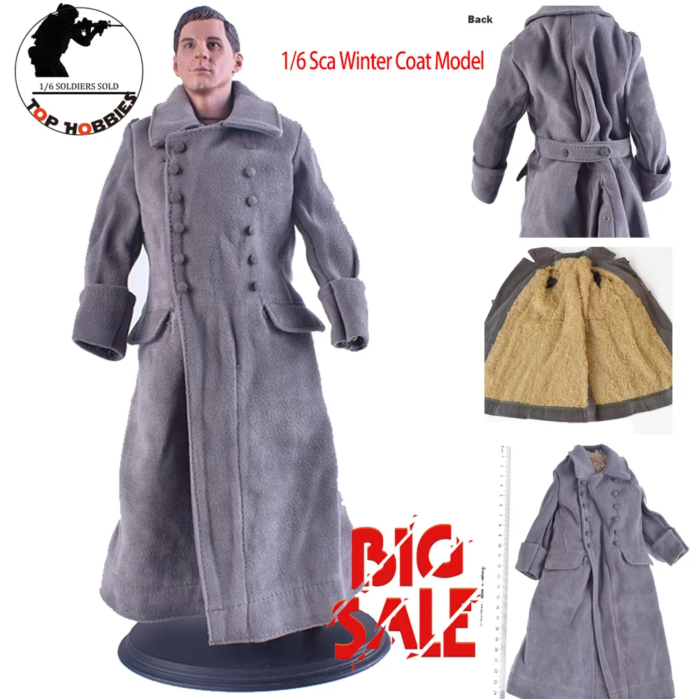 German Male Winter Coat  Grey Long Velvet Cotton Overcoat Clothing Suit Fit 12inches Soldier Body Toy