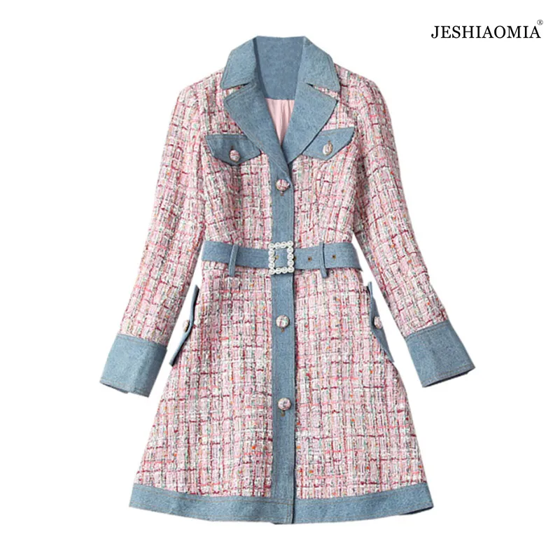 

JESHIAOMIA- 2021 Autumn Notched Collar Single Breasted Patchwork Tweed Dress