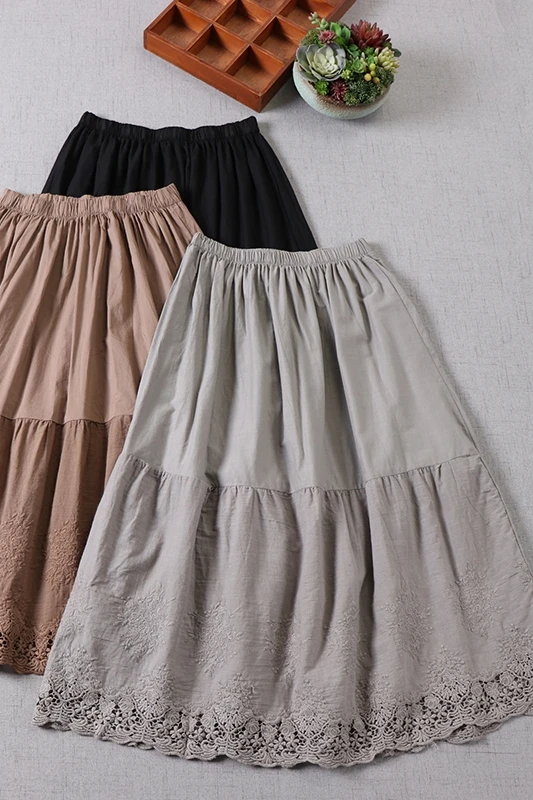

Sweet Small Fresh Pure Color Thin Cotton Skirt Spring Summer New Water-Soluble Embroidery Layered Base Fairy Skirt