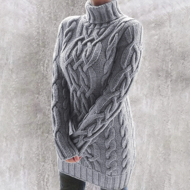 

Gray Oversized Turtleneck Sweater Dress Women Warm Autumn and Winter Clothes Knit Pullover Sweaters