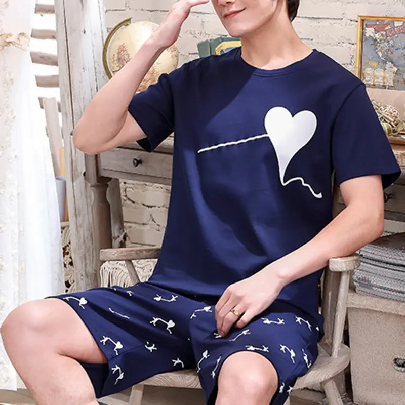 

New O-Neck Full Cotton Mens Summer Short Sleeve Shorts Pajamas Set Big Size L-3XL Sleepwear Leisure Suits Nightwear Men Pijamas
