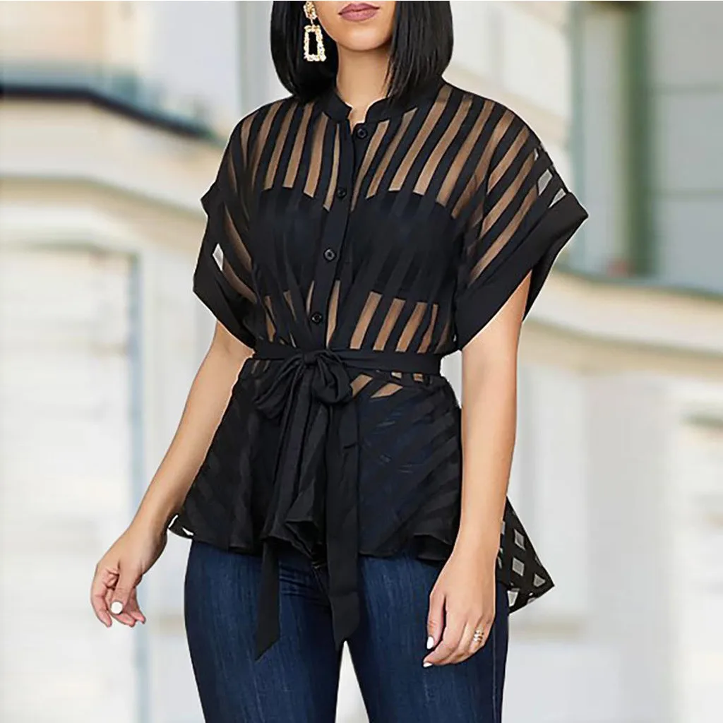 Сексуальные модные сетчатые полосатые прозрачные блузки рубашки женские топы