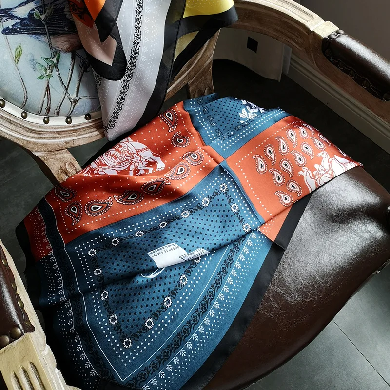 

Autumn New Emulation Silk Scarf Women Small Square Retro Elephant Cashew Wrap Color Patchwork Decorate Towel Fashion Gift