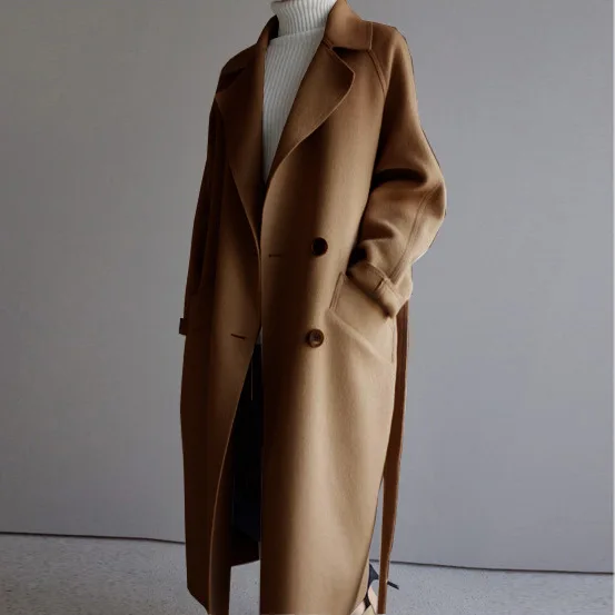 

Korean Style Winter Coat Women Wide Lapel Belt Pocket Wool Blend Coat Oversize Long Coat Outwear Wool Coat Women