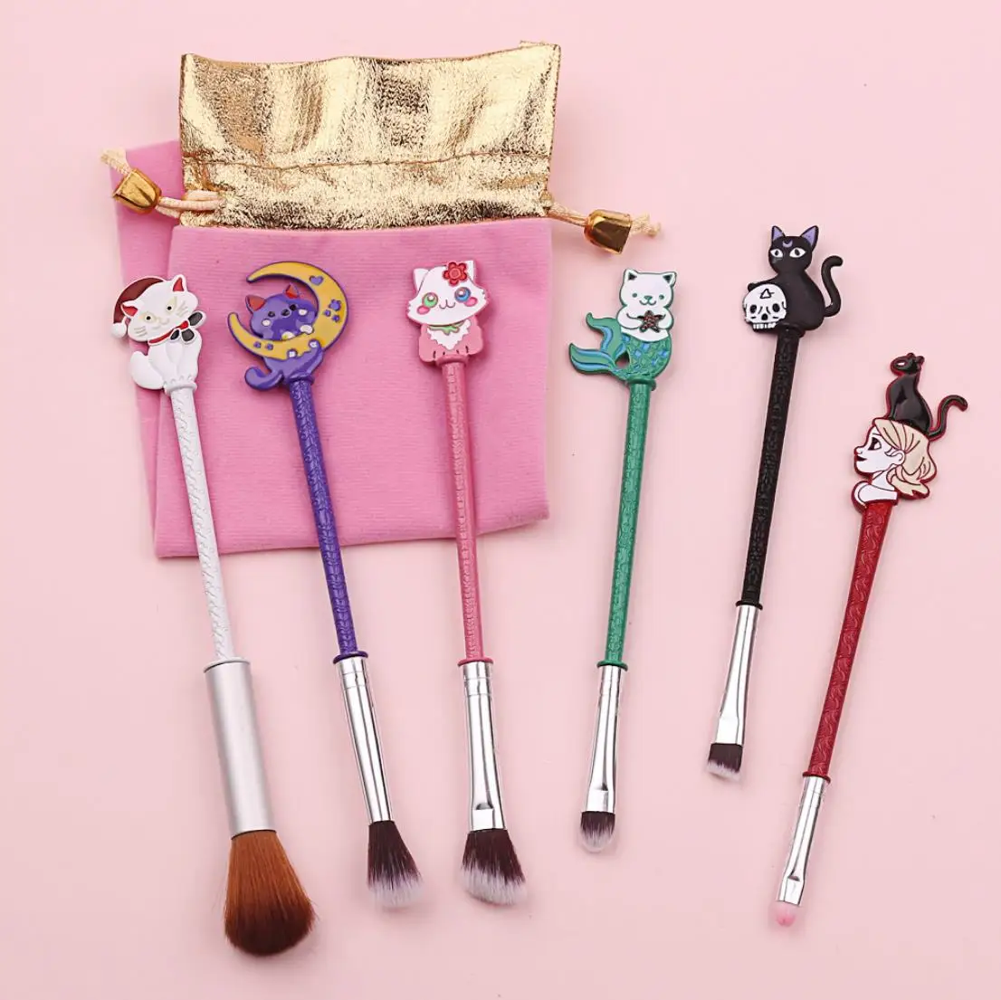 

6 Pcs Cat Makeup Brush Set Eyeshadow Brush Lip Brush Portable Makeup Tool Set Cartoon Makeup Brush Girl Gift