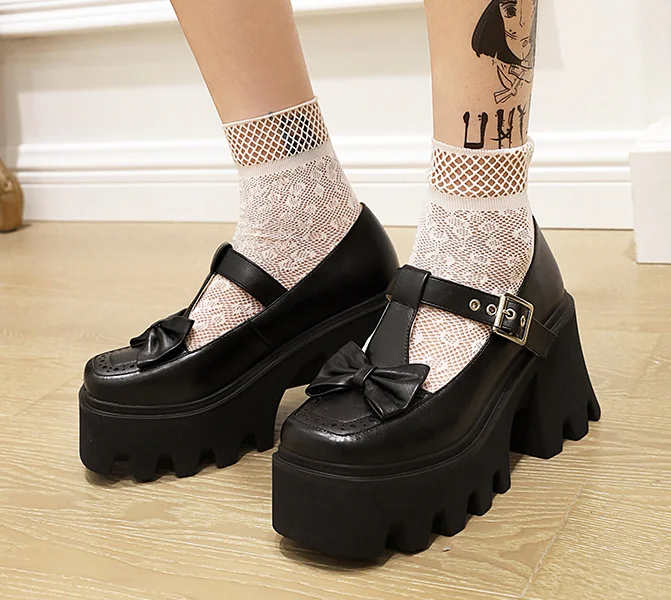 

Женские Модные Туфли Мэри Джейн в стиле ретро с бантом и Т-образным ремешком готические туфли на массивном высоком каблуке DID