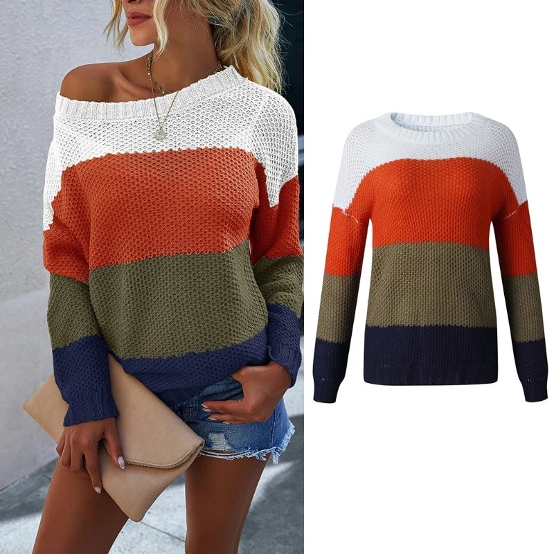 

Женская обувь; Сезон осень платье с длинными рукавами и круглым вырезом; Свитер в полоску; Цвет блок Свободный пуловер Топы Повседневный три...