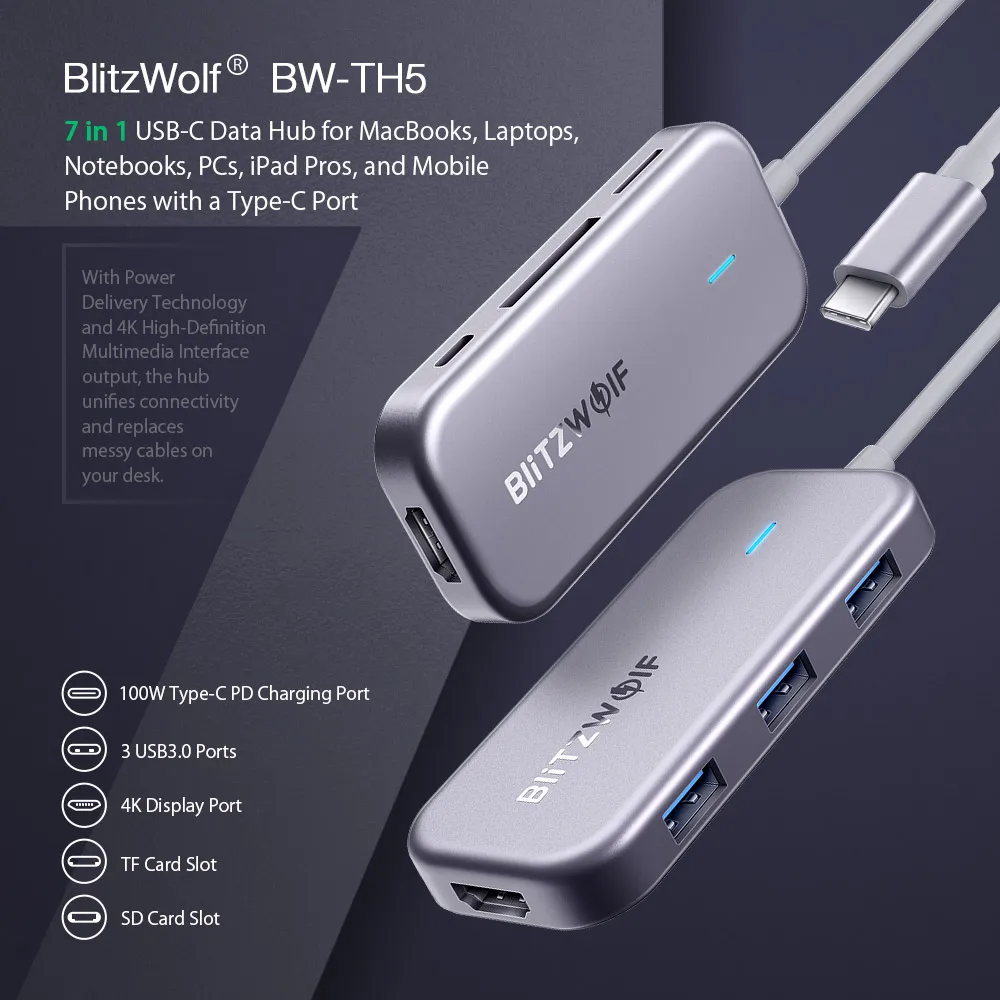 BlitzWolf BW-TH5 7 в 1 Тип usb type-C для передачи данных концентратор с доставкой в течение 3-Порты и разъёмы USB 3,0 TF Card Reader устройство чтения карт USB C зарядка PD 4K Дисплей для MacBook для iPad