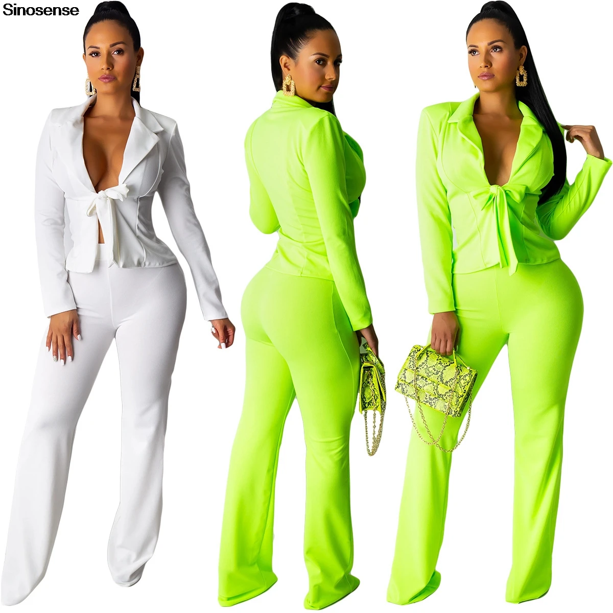 Однотонный белый неоновый зеленый женский брючный костюм 2019 блейзер с вырезом